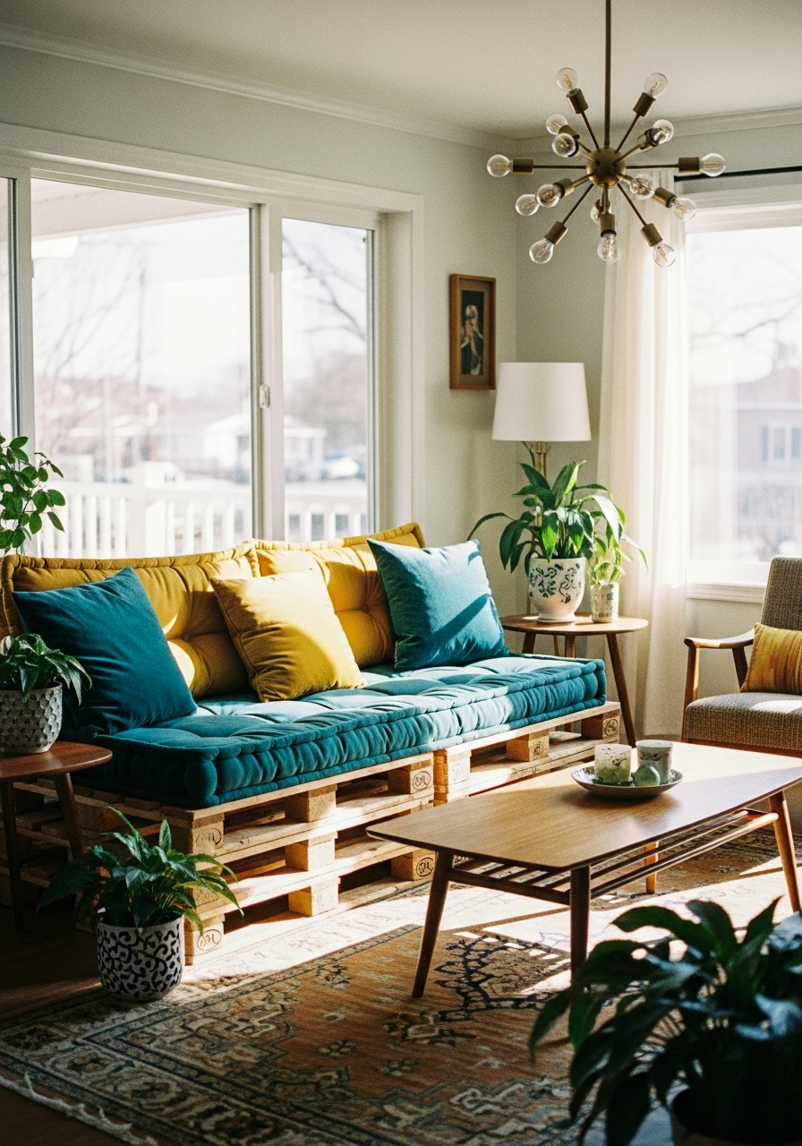 Canapé en palettes de bois upcyclées dans un salon ensoleillé