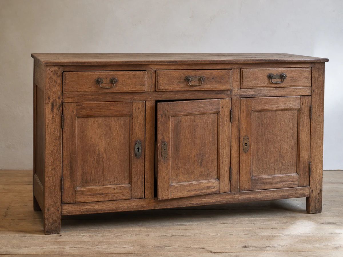Simulation illustrative d'un buffet ancien en bois avant restauration