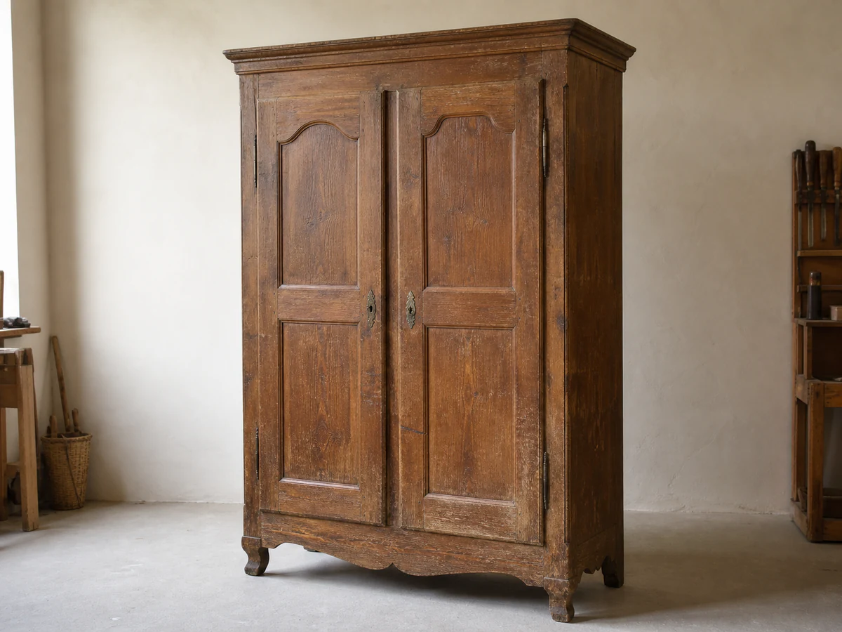 Simulation illustrative d'une armoire ancienne en bois avant une restauration fidèle